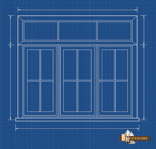 Technical blueprint drawing on blue grid background showing detailed dimensions and layout of a multi-panel window or French door system with transom, featuring the BN Exteriors logo in corner.