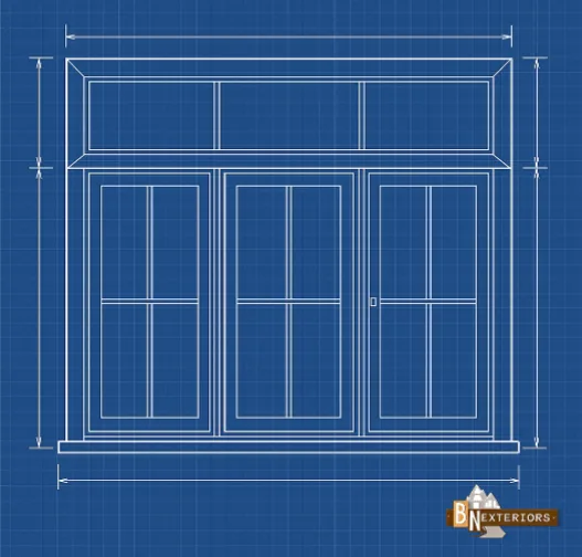 Technical blueprint drawing on blue grid background showing detailed dimensions and layout of a multi-panel window or French door system with transom, featuring the BN Exteriors, LLC logo in corner.