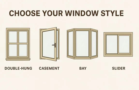 An illustrated guide showing four common window styles: Double-Hung, Casement, Bay, and Slider.