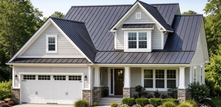 Front elevation of a light-gray craftsman-style home with sleek black standing seam metal roof, white trim, stone pillars, and manicured landscaping under clear sky.
