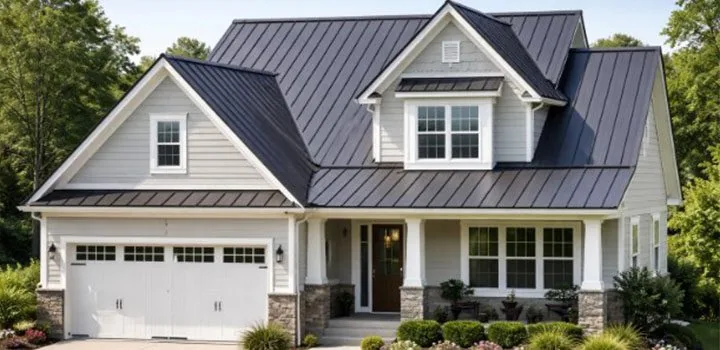 Front elevation of a light-gray craftsman-style home with sleek black standing seam metal roof, white trim, stone pillars, and manicured landscaping under clear sky.