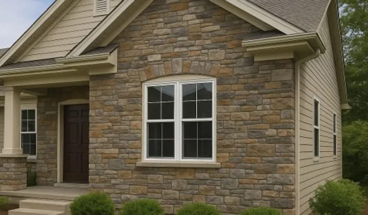 A home featuring beige horizontal siding complemented by a prominent stone veneer accent wall around the front window.