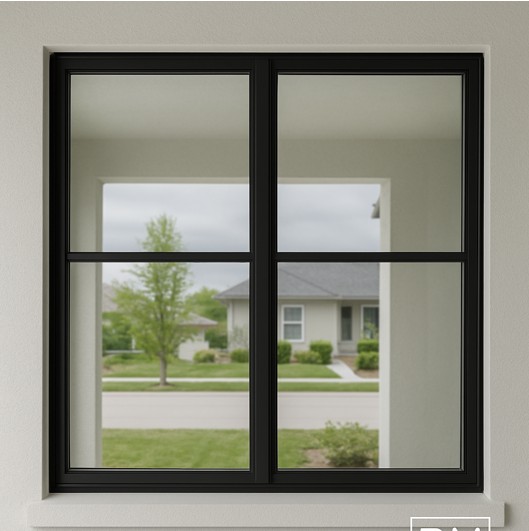 A close-up of a modern black-framed window with a grid design, installed on a light-colored exterior wall.