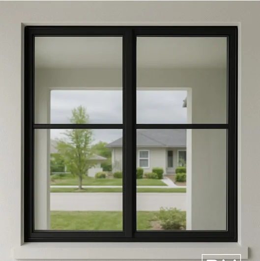 A close-up of a modern black-framed window with a grid design, installed on a light-colored exterior wall.