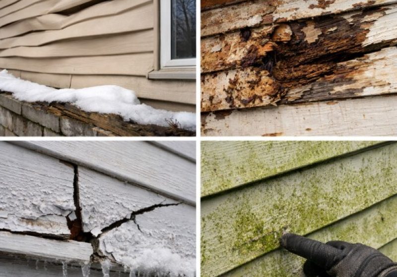 Four-panel collage showing damaged siding: warped beige panels in snow, rotting wood behind siding, cracked paint with ice dams, and mold growth being pointed at by gloved hand.
