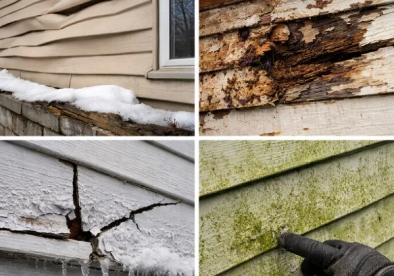 Four-panel collage showing damaged siding: warped beige panels in snow, rotting wood behind siding, cracked paint with ice dams, and mold growth being pointed at by gloved hand.
