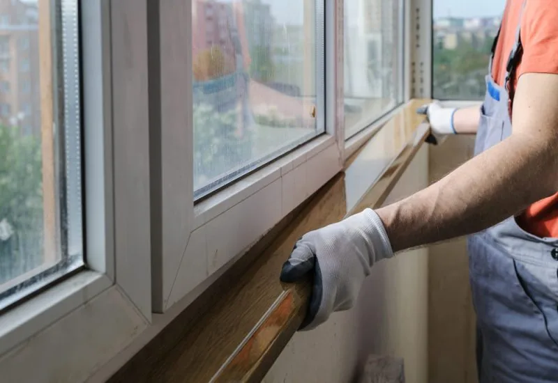 A worker in overalls carefully installs a wooden sill onto a white window frame, preparing for finishing touches.