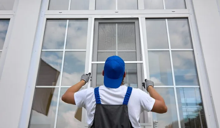 A worker in a blue cap and overalls installs a large, multi-pane white window on the exterior of a modern building.