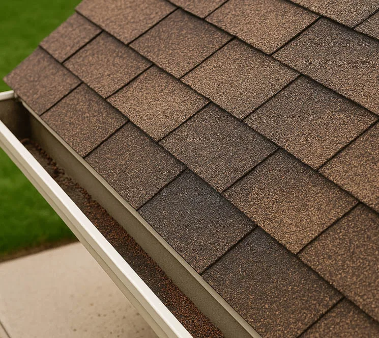 A detailed view of brown asphalt shingles and a white gutter filled with debris, highlighting the need for maintenance.