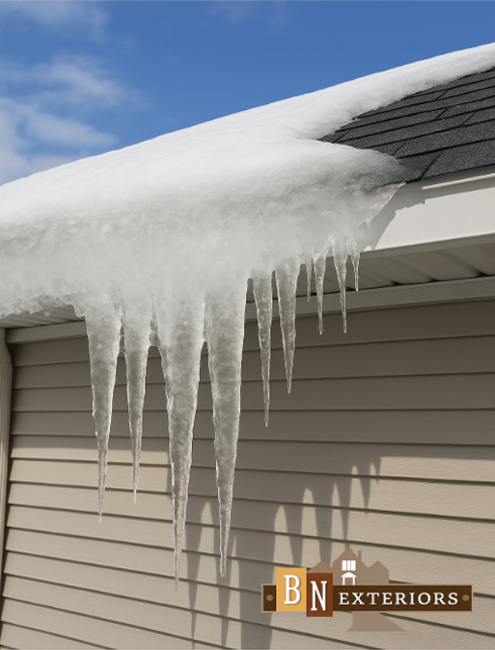 Large icicles hang from a snow-covered roof above beige siding, illustrating winter weather damage.