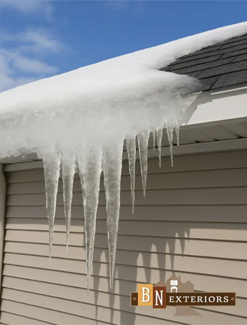 Large icicles hang from a snow-covered roof above beige siding, illustrating winter weather damage.