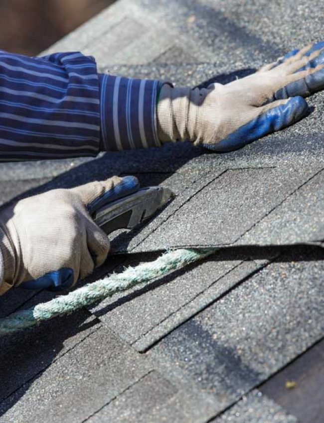 A skilled roofer cutting shingles to fit properly on the area of repair or replacement