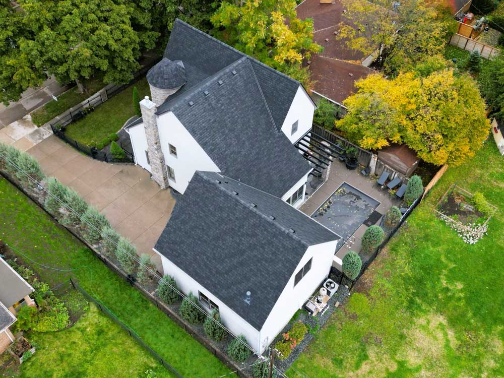 Aerial view of residential roofing project by BN Exteriors