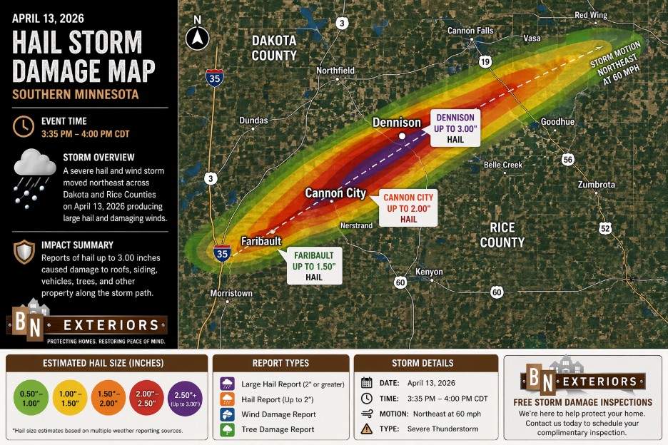 Hail storm damage map of southern Minnesota showing hail impact zones through Dennison Cannon City and Faribault on April 13 2026 with BN Exteriors branding