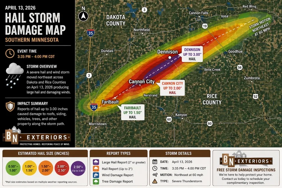 Hail storm damage map of southern Minnesota showing hail impact zones through Dennison Cannon City and Faribault on April 13 2026 with BN Exteriors, LLC branding