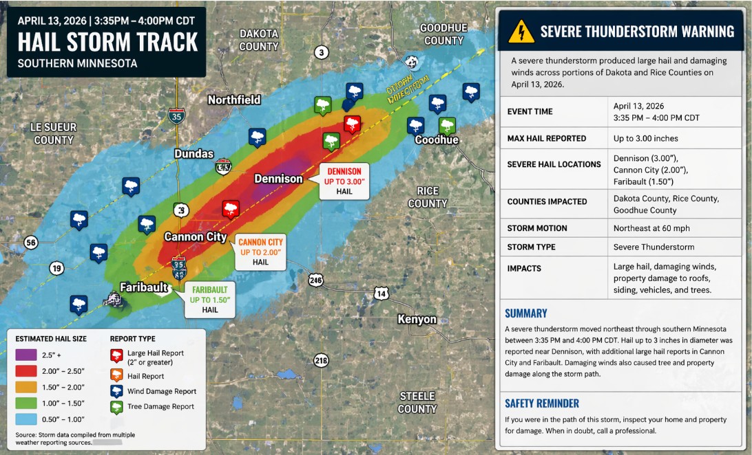 Hail storm track map showing the April 13 2026 storm path through southern Dakota County and Rice County Minnesota with hail size estimates from Dennison to Faribault