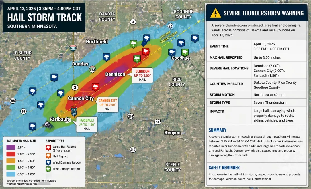 Hail storm track map showing the April 13 2026 storm path through southern Dakota County and Rice County Minnesota with hail size estimates from Dennison to Faribault